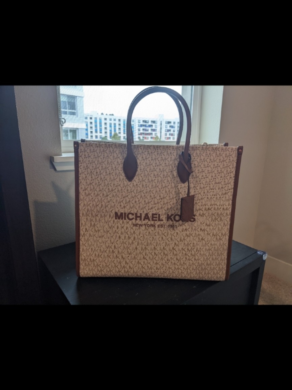 Michael Kors Beige Brown Logo Canvas Tote with Leather Trim